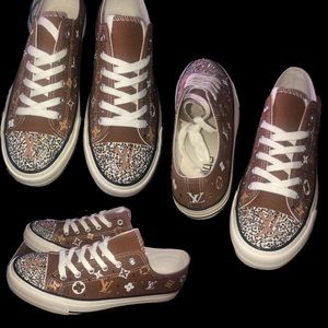 Custom designed canvas brown, tan, and white bling sneakers